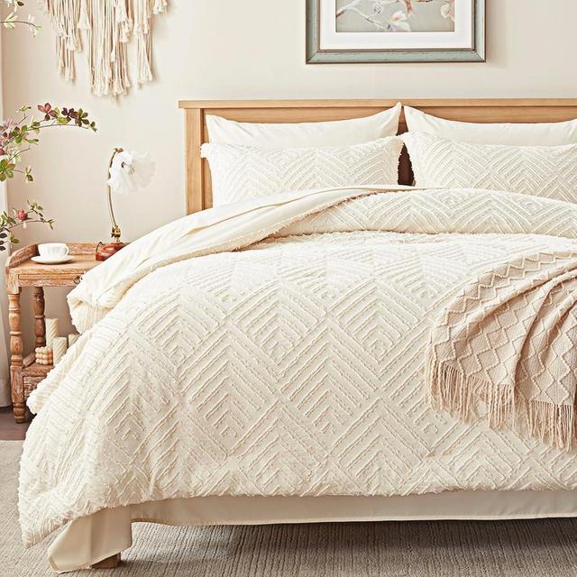 Zzlpp Full Comforter Set 7 Pieces, Cream Tufted Bed in a Bag with Comforter and Sheets, All Season Boho Bedding Sets with 1 Comforter, 2 Pillow Shams, 2 Pillowcases, 1 Flat Sheet, 1 Fitted Sheet