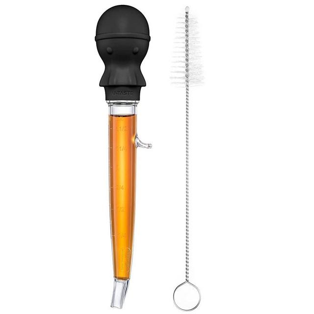 U-Taste 1.5oz Angled Turkey Baster - 228.2℉ Heat Resistant Food Grade Tritan and Silicone Large Octopus Bulb Baster Set with Cleaning Brush for Cooking Basting Meat Poultry Beef Chicken (Black)