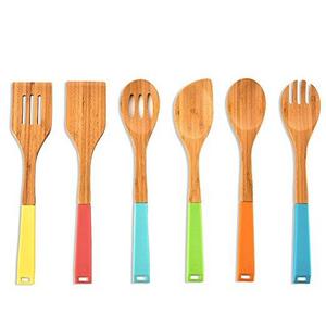 Colorful Silicone Handle Bamboo Spoons Non-stick Kitchen Cooking Utensil Set,6-piece Utensils for Kitchen with Silicone Handles in Red Yellow Green Orange Blue，Real Natural Wooden spoon