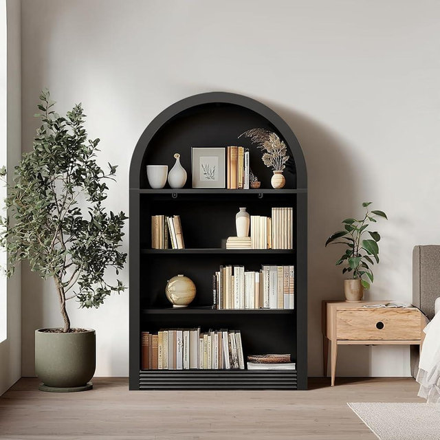 VATROS Bookcase, 4-Shelf Tall Bookshelf, 47.6" Wood Open Display Floor Arched Bookcase, Large Storage Organizer for, Bedroom, and Living Room (Black)