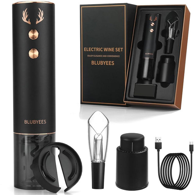 BLUBYEES 4-in-1 Rechargeable Electric Wine Opener Set - Automatic Corkscrew, Foil Cutter, Aerator Pourer, Vacuum Stopper - Elegant Gift Box for Wine Enthusiasts