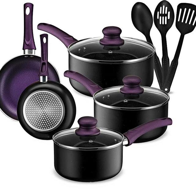 AHEIM Pots and Pans Set, Aluminum Nonstick Cookware Set, Fry Pans, Casserole with Lid, Sauce Pan, and Utensils, 11 Piece Cooking Set (Purple)