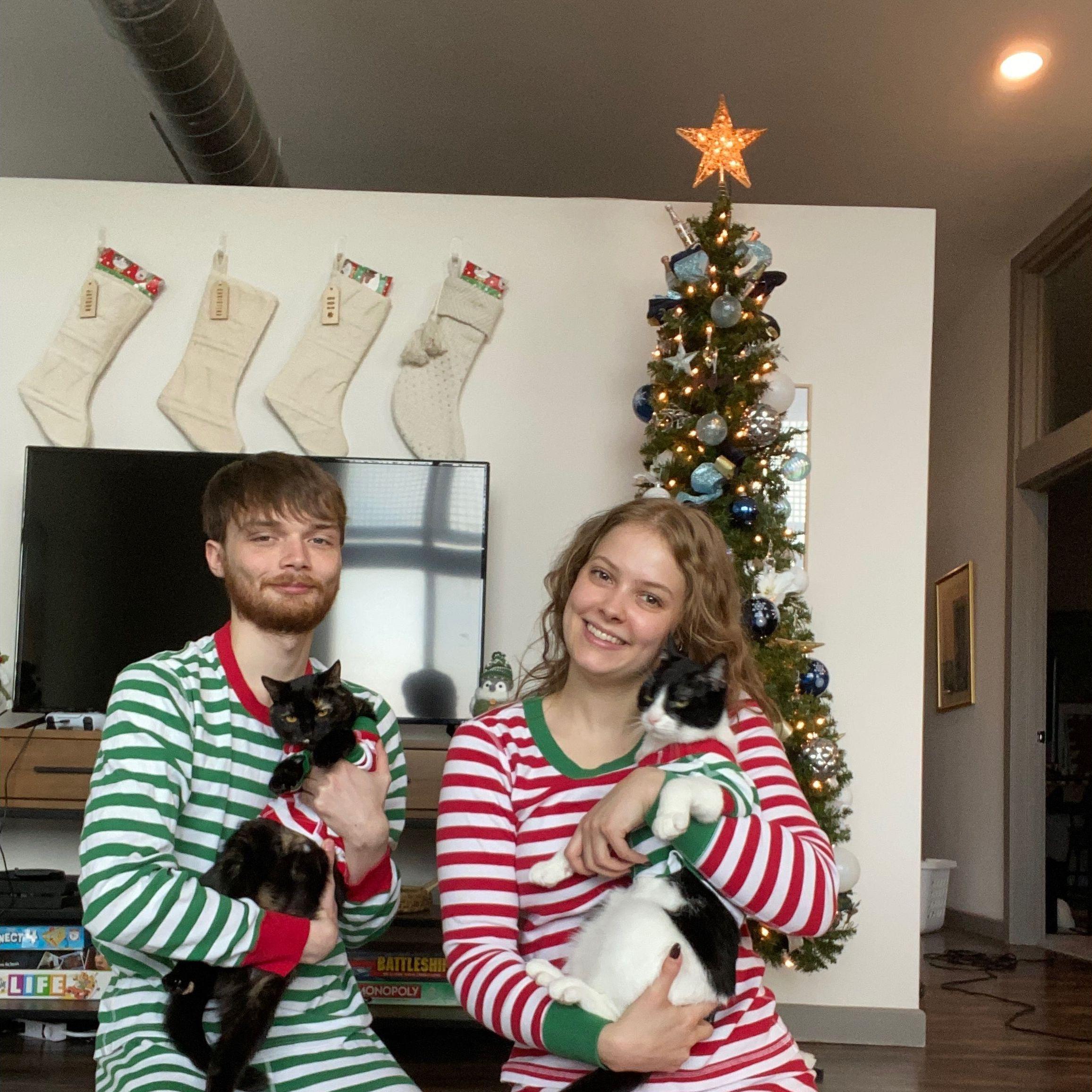An attempt at a Christmas family photo with our cats, Gus and Octavia.