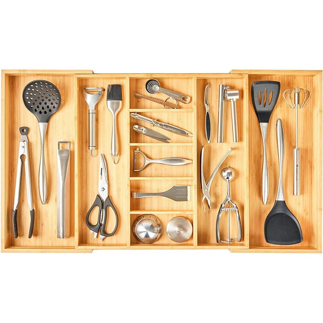 Umilife Extra Large Expandable Kitchen Drawer Organizer for Utensil and Junk, 19" Deep for Big Drawer, 19" to 33" Adjustable Bamboo Wood Drawer Divider, Cutlery Tray, Flatware Holder