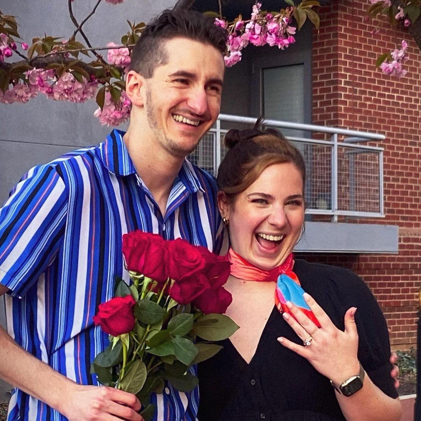 Our engagement! Matthew proposed outside of the apartment they shared, under a beautiful pink magnolia tree, surrounded by their closest family.