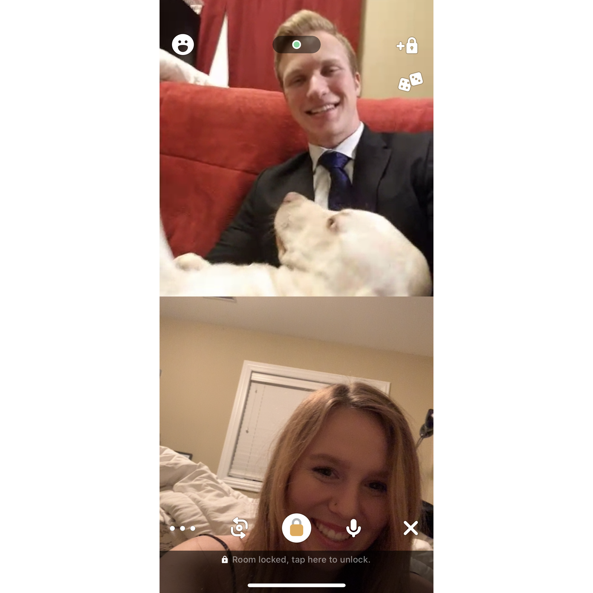 Facetiming and dating during the start of the Pandemic; fancy date night was spoiled by Sean's furry friend, "Bear."