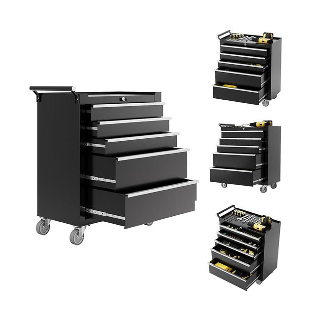 GarveeTech 5-Drawer Tool Chest, Rolling Tool Box with Wheels and Lock System, Portable Storage Rolling Tool Chest for Warehouse, Workshop & Repair Shop, Black