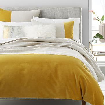 Belgian Flax Linen + Cotton Velvet Blocked Duvet Cover + Shams - Flax/Dark Horseradish