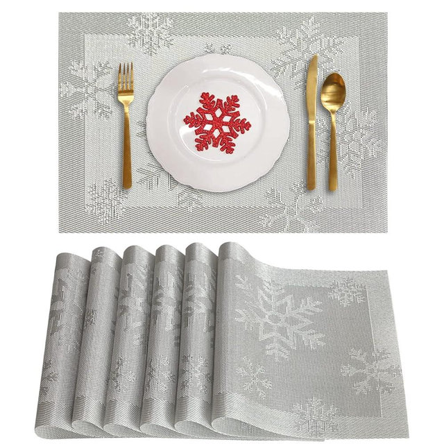 RIMOBUL Christmas Placemats Set of 6 Woven Vinyl Non-Slip Placemats Washable Table Mats Anti-Skid Placemats for Kitchen Table (Snow Silver)