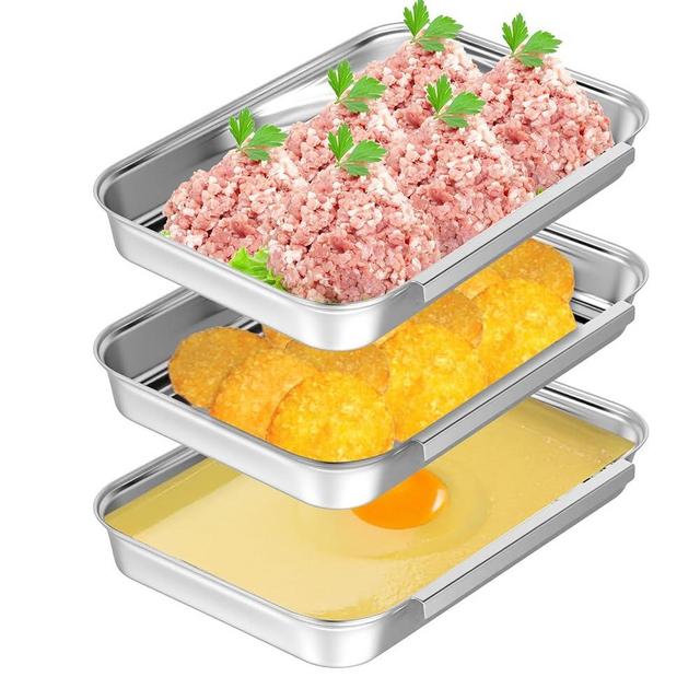 Lemecima Breading Trays Set of 3 Dredging Trays for Cooking, Stainless Steel Breading Pans Set for Marinating Meat, Chicken, Fish, Food Prep Tray