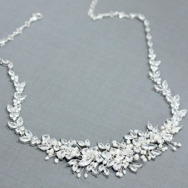 Statement Bridal Silver Rhinestone, Freshwater Pearl, and Crystal Wedding Necklace