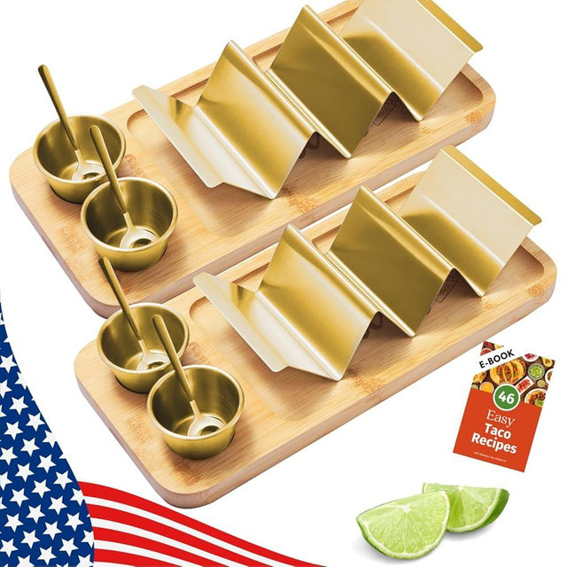 HolaTasty Taco Holder Kit - 2 Pack (Value Pack), 3-in-1 Taco Set of 2-6 slots for Tacos, Fancy Taco Presentation Rack Plate for Taco Tuesday Bar Party, Christmas Day Gifts for Taco Lover - Gold