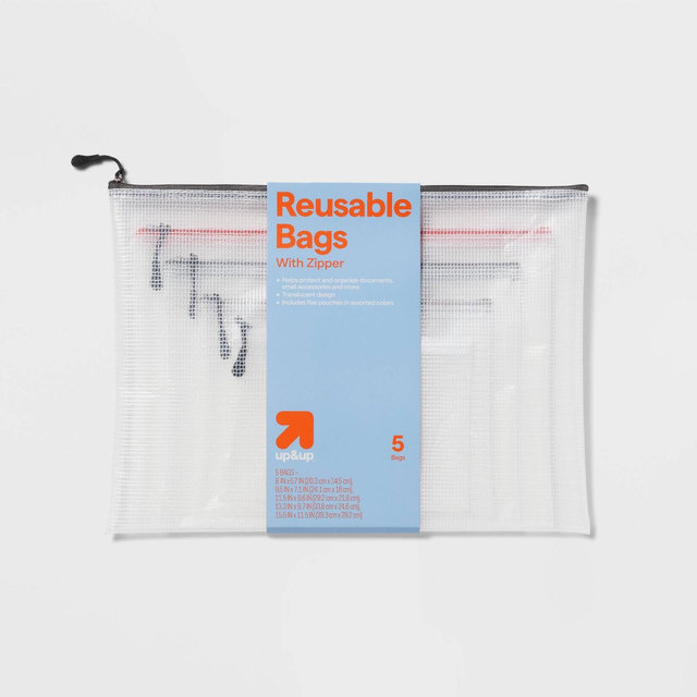 Set of 5 Zippered Pouch Organizers - up&up™: Clear Multicolored Storage Bags, Universal Packing Cubes, PEVA Material