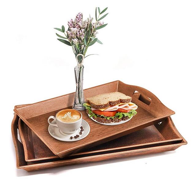 Set of 3 Large Serving Trays w/Handles Nesting Breakfast Serving Trays Afternoon Tea Tray Decorative Rectangular Display Tray Set Nested Food Tray Butler Serving Tray for kitchen Party Dinner Snack