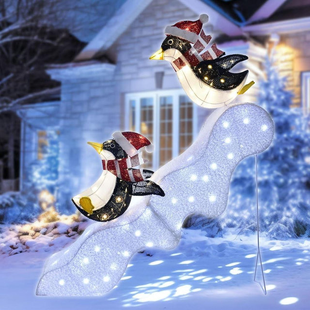 Outdoor Christmas Decorations Lighted Penguins - HOYECHI Outside Christmas Decorations Light Up 2 Slide Penguins 48 Inch, Light Up Skiing Penguins with 130 LED Lights, for Front Yard Porch Gardens