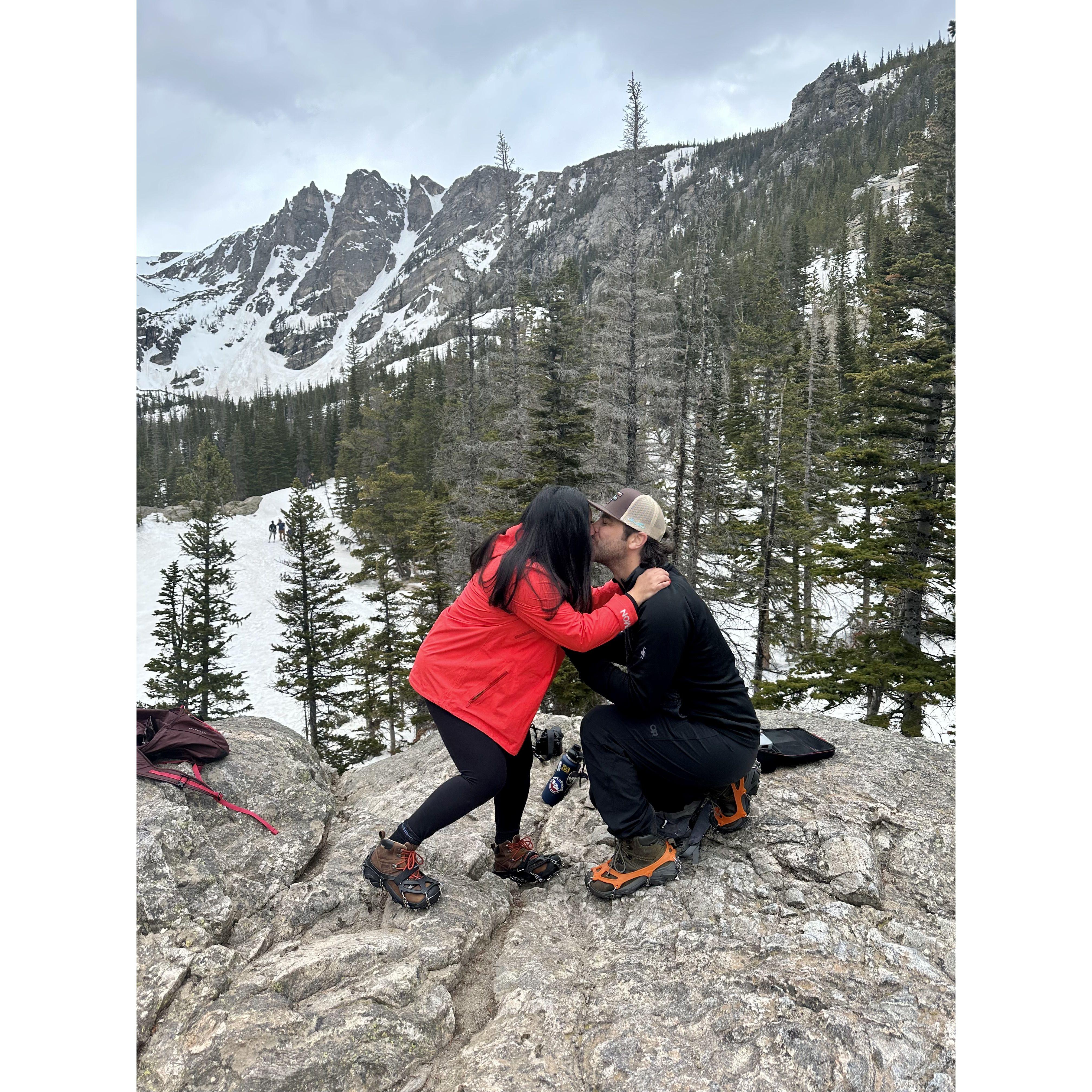 The proposal in front of Dream Lake at Rocky Mountain National Park