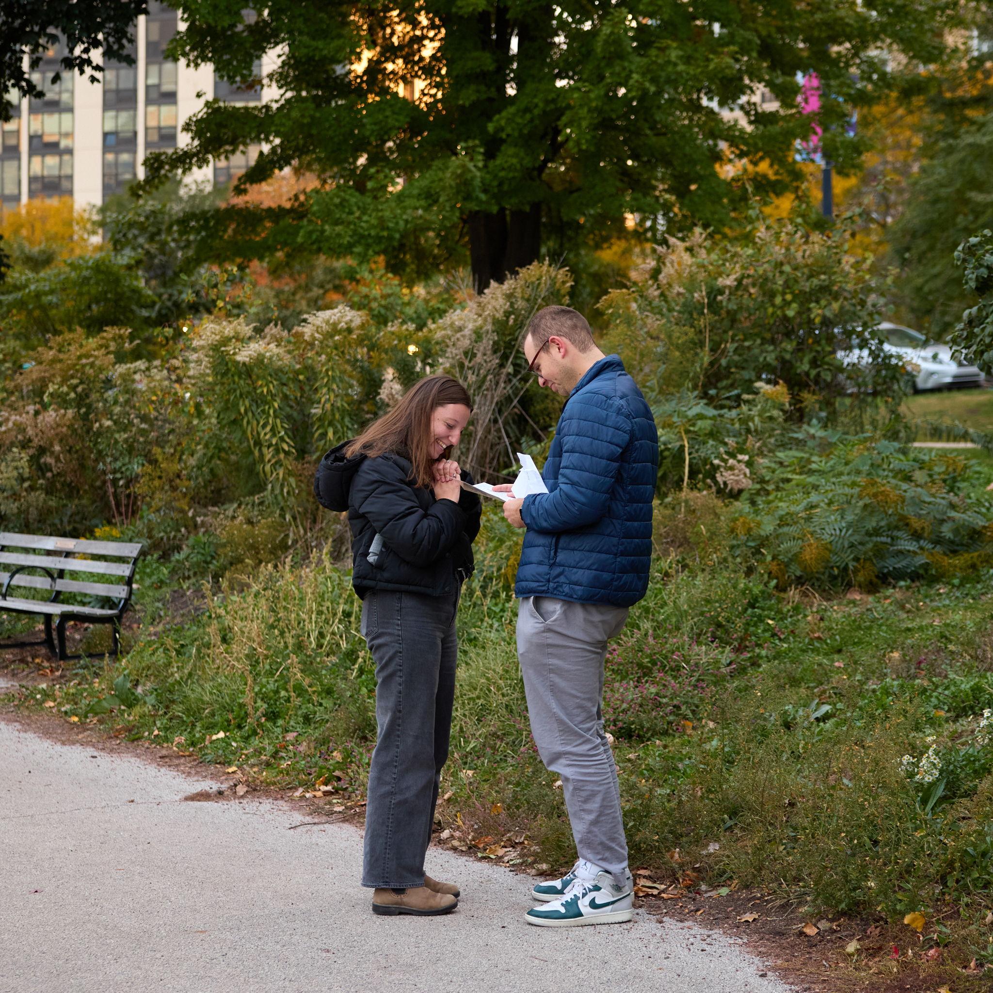 Immediately after proposing, Rachel gave Dan a love letter, including all of her (correct) predictions about the proposal ⚲ North Pond, Chicago, IL