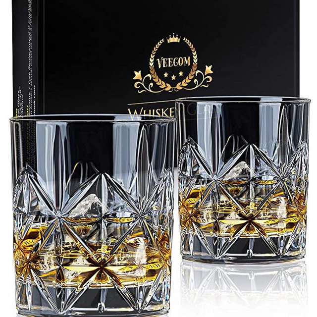 Whiskey Glass Set of 2, veecom 10 oz Crystal Whiskey Glasses Thick Bottom Bourbon Glasses Old Fashioned Rocks Glass Tumbler for Scotch, Cocktail, Liquor, Home Bar Whiskey Gifts for Men (Glass Set 2)