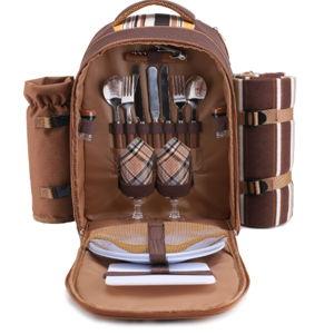 apollo walker Picnic Backpack Bag for 2 Person with Cooler Compartment, Detachable Bottle/Wine Holder, Fleece Blanket, Plates and Cutlery(2 Person, Brown)