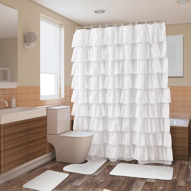Mindsoft 4 Pcs Ruffle Shower Curtain Set, 70. 8 x 70. 8 Inch Shower Curtain and 3 Piece Waterproof Washable Bathroom Rugs for Bathroom, Not See Through, White