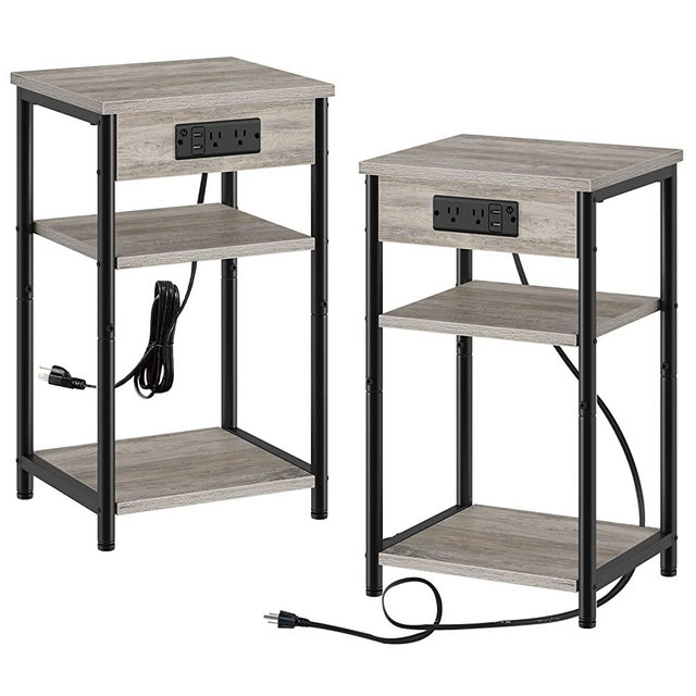 Rolanstar End Table with Charging Station, Set of 2 End Table, Small Nightstand with Storage Shelf, 3 Tier Slim Side Table with USB Ports & Outlets, Sofa Bedside Table for Bedroom, Living Room, Greige