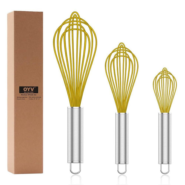 OYV Yellow Silicone Whisk, Professional Whisks For Cooking Non-Scratch, Stainless Steel & Silicone Wisk, Plastic Rubber Whisk Tool For Nonstick Cookware Pans, Silicon Wisks Set of 3.