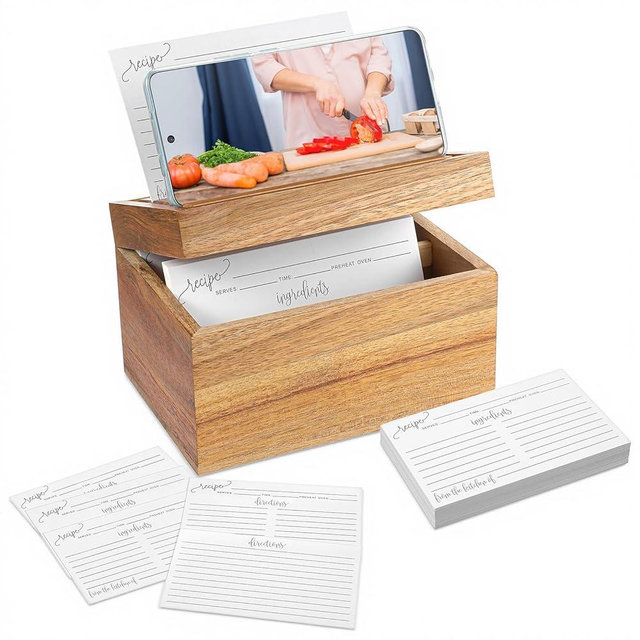 Wooden Recipe Box with Cards and Dividers, Includes 200 Double-Sided 4x6 Card, Complete Recipe Cards and Box Set with Dual Slot & 2 Compartment, Card Slot & Smartphone Holder, No Assembly Required