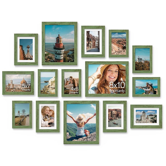 Vittanly 15 Pack Picture Frames Collage Wall Decor for Mounting or Tabletop Display, Gallery Frame Set for Family, Multi Sizes Including 3pcs 8x10, 6pcs 5x7, 6pcs 4x6, Rustic Green