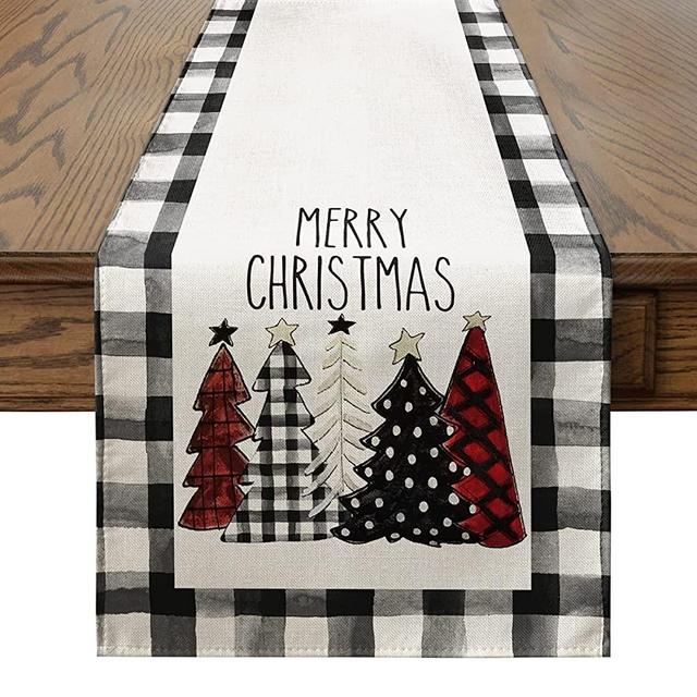 Artoid Mode Waterclor Buffalo Plaid Christmas Trees Merry Xmas Table Runner, Seasonal Winter Holiday Kitchen Dining Table Decoration for Indoor Outdoor Home Party Decor 13 x 108 Inch