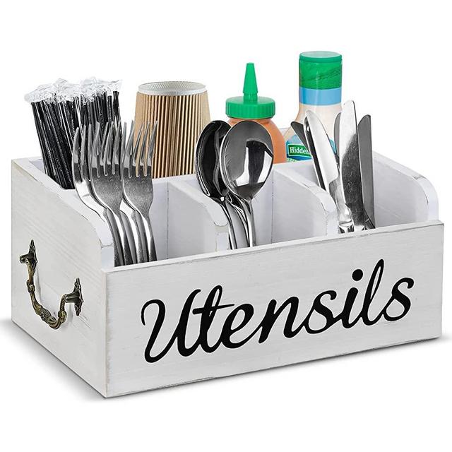 Kitchen Utensil Caddy with Metal Handles, Farmhouse Silverware Holder for Countertop, Kitchen Condiment Organizer, Flatware Utensil Caddy with 4 Compartments, Silverware Caddy Cutlery Holder Organizer