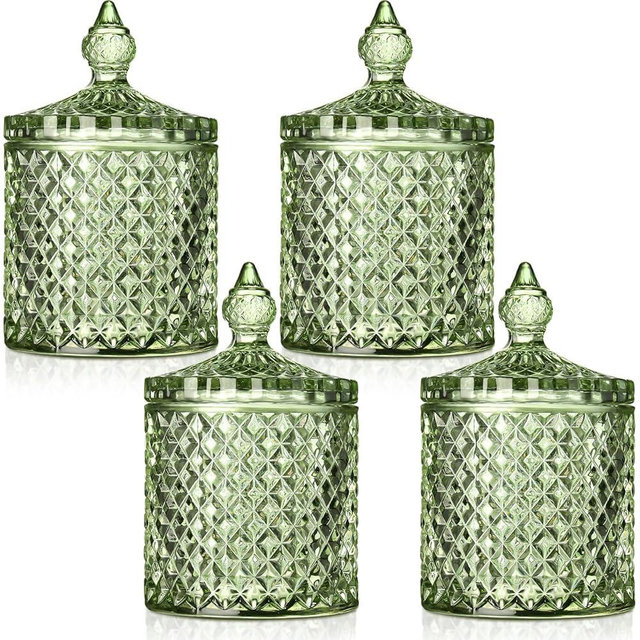 Aoriher 4 Pcs Crystal Glass Candy Jar Set with Lids Home Decorative Storage Jars for Apothecary, Bathroom, Kitchen, and Pantry, Ideal for Cotton Swabs and Jewelry (Medium,Green)