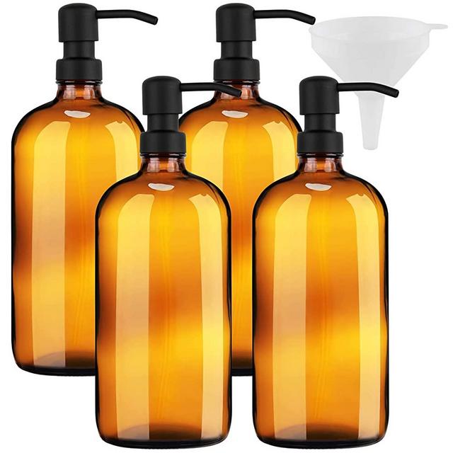 32 Ounce Large Amber Glass Boston Round Bottles with Stainless Steel Pumps and Funnel. Great for Lotions, Laundry Soaps, Oils, Sauces, Shampoo, Detergent Medical Grade -(4 Bottles) by kitchentoolz