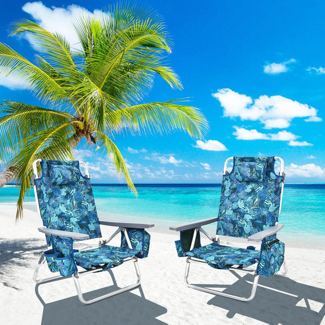 Costway 2-Pack Folding Backpack Beach Chair 5-Position Outdoor Reclining Chairs w/Pillow Pattern