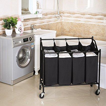 SONGMICS Heavy-Duty 4-Bag Rolling Laundry Sorter Storage Cart with Wheels Black URLS90H