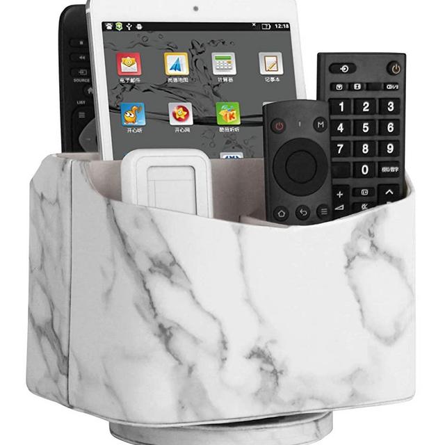 HofferRuffer Spinning Remote Control Holder, Remote Controller Holder, Remote Caddy, Media Storage Organizer, Spinning Remote Control Organizer, 7.3X 5.5 x 6 inches, Marble PU Leather