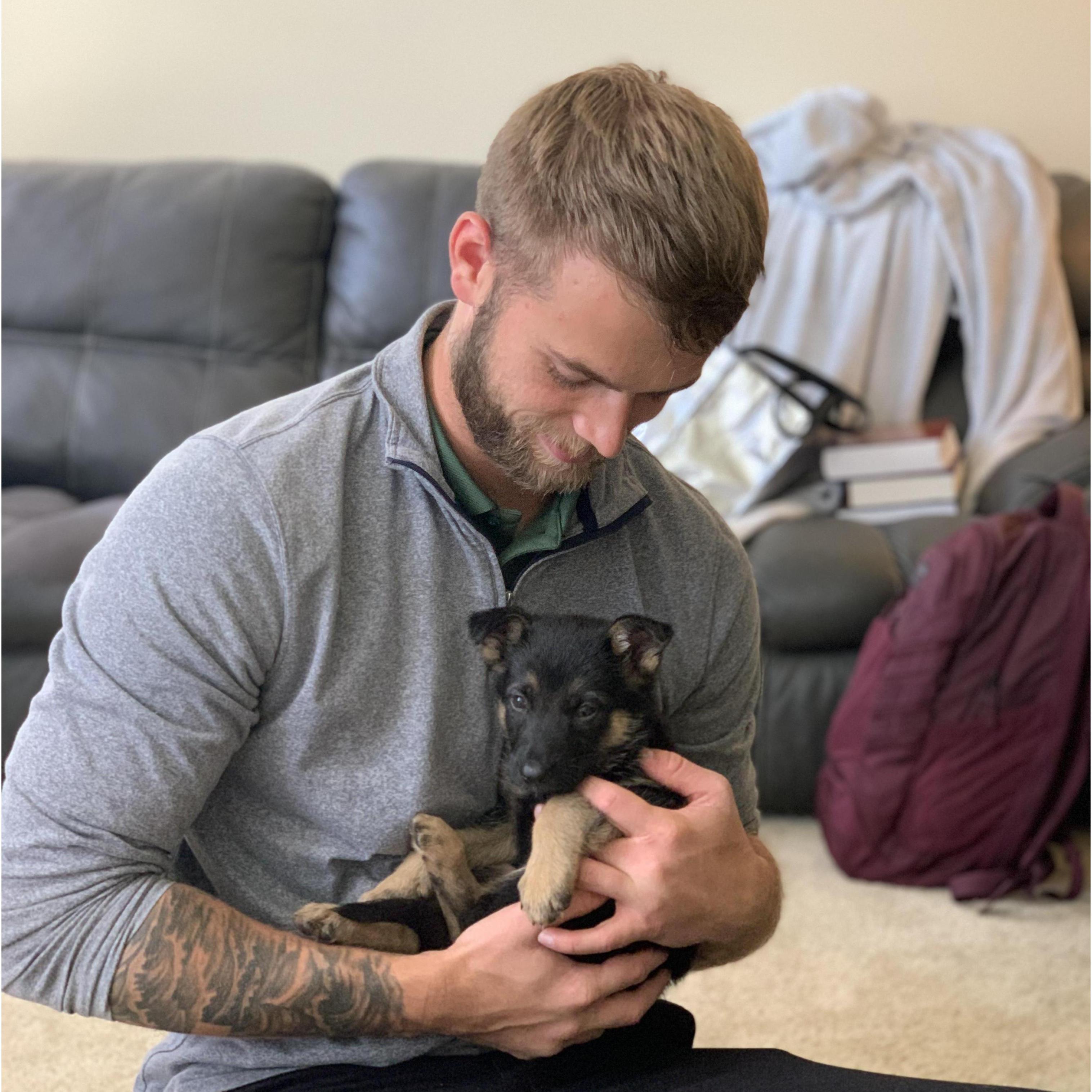 September 22, 2021 - Zach and I decided to get a dog together! This is the first picture of Groot, our German Shepherd fur baby!