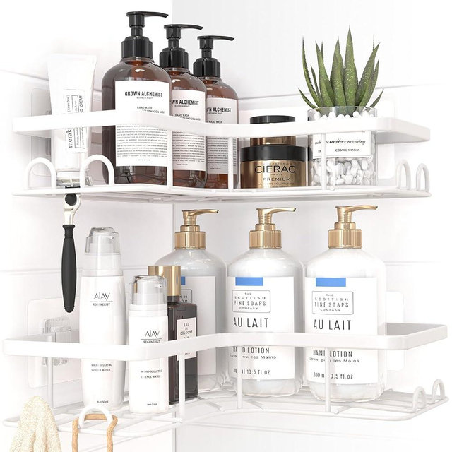 Sakugi Corner Shower Caddy - 2 Pack, Adhesive Shower Organizers, Rustproof Stainless Steel Shower Shelves with 8 Hooks, No Drilling Bathroom Organizers and Storage Racks, Space-Saving, White, Large
