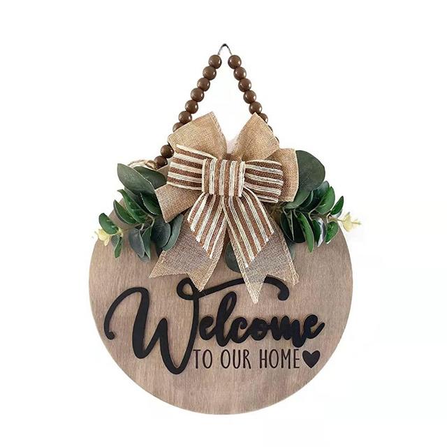 Condorpasea 3D Welcome Sign for Front Door | Home/Farmhouse Porch Décor Wooden Hanging Sign with Artificial Leaves and Rustic Beads | Christmas Classroom |12" Round