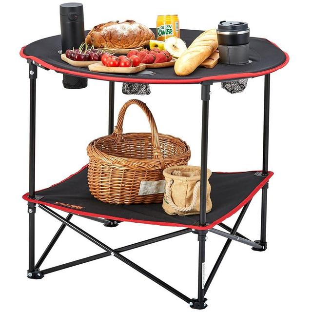 VEVOR Folding Camping Table, Outdoor Portable Oxford Fabric Ultra Compact Fold Up Lightweight Side Table with 4 Cup Holders & Carry Bag, for Beach, Picnic, Travel, Hiking, Fishing, 28'' x28'', Black