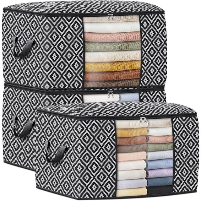 StorageTastic Direct 100L Storage Containers, Large Clothes Storage Bins Foldable Organization and Storage Bags with Reinforced Handle, Clear Window for Bedding, Blankets, Clothing, 3 Pack, Black