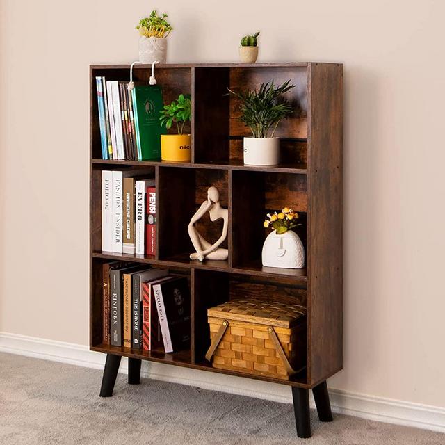 Cube Bookshelf 3 Tier Mid-Century Modern Bookcase with Legs,Retro Wood Bookshelves Storage Organizer Shelf,Free Standing Open Book Shelves,Rustic Brown Display Bookcases for Bedroom,Living Room,Office