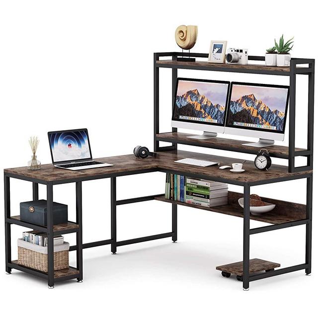 Tribesigns L-Shaped Desk with Hutch and Storage Shelves, 59 Inch Corner Computer Office Desk Gaming Table Workstation with Bookshelf and Monitor Stand for Home Office(Rustic Brown)