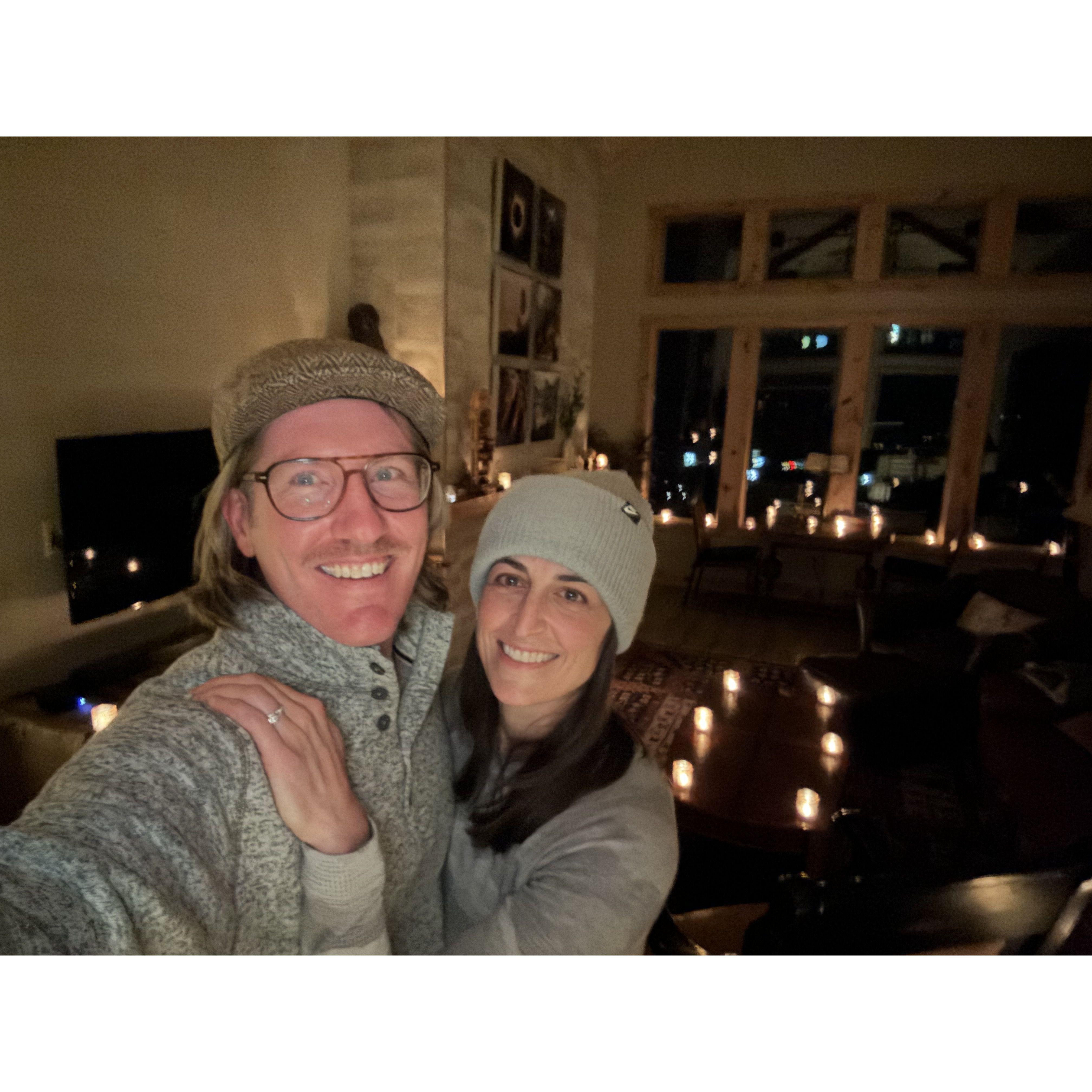 After a weekend of game coverage, John surprised Whit with a scavenger hunt. She got to "drive 33 miles, no mistake" ...to get to Bear Lake, John and house full of candles. :) We're engaged!