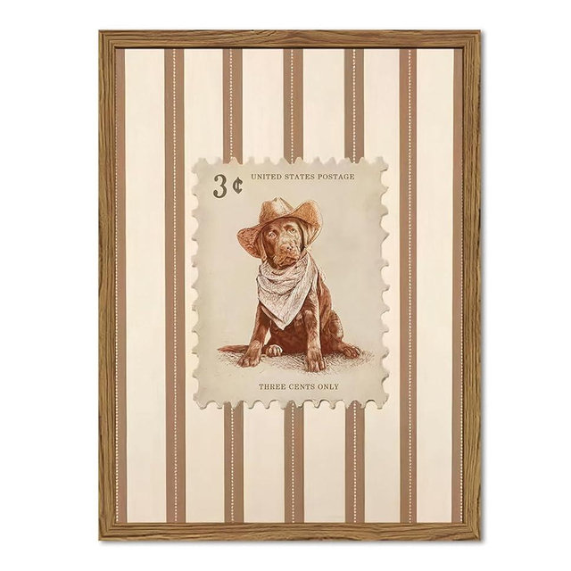 Western Cowboy Dog Wall Art, Vintage Striped Animal Southwestern Wall Decor Pictures Retro Southwest Cowboy Poster Painting Canvas Print for Living Room Bedroom 12x16 Inch Wood Framed