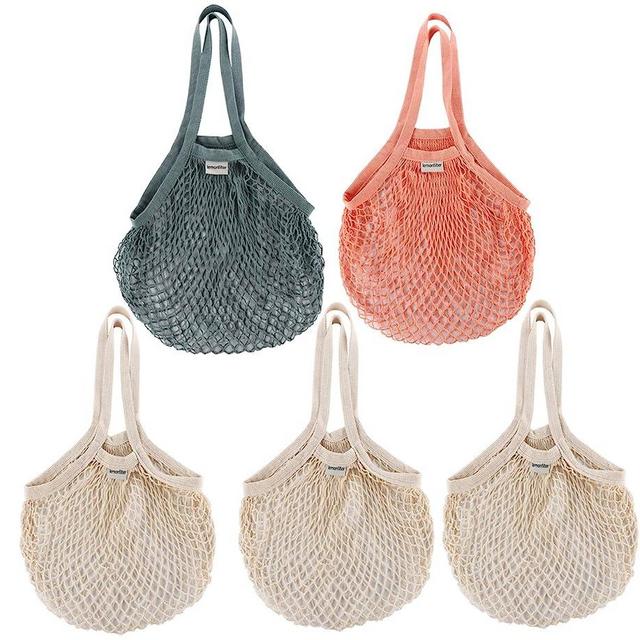 Lemonfilter Reusable Mesh Grocery Bags, 5 Pack Cotton Mesh Produce Bags, Foldable Washable Cotton String Shopping Bags Long Handle Net Tote Bag for Vegetables Fruit Farmers Market Shopping (3 color)