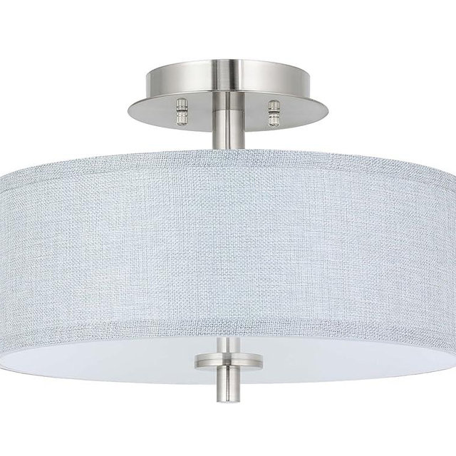 XiNBEi Lighting Semi Flush Mount Ceiling Light, 14" Drum Light Fixture with Grey Fabric Shade, 3-Light Brushed Nickel Ceiling Lamp for Bedroom Living Room Kitchen Hallway