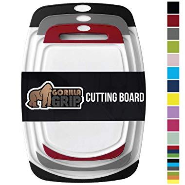 GORILLA GRIP Original Oversized Cutting Board, 3 Piece, BPA Free, Dishwasher Safe, Juice Grooves, Larger Thicker Boards, Easy Grip Handle, Non Porous, Extra Large, Set of 3, Black, Gray, Red