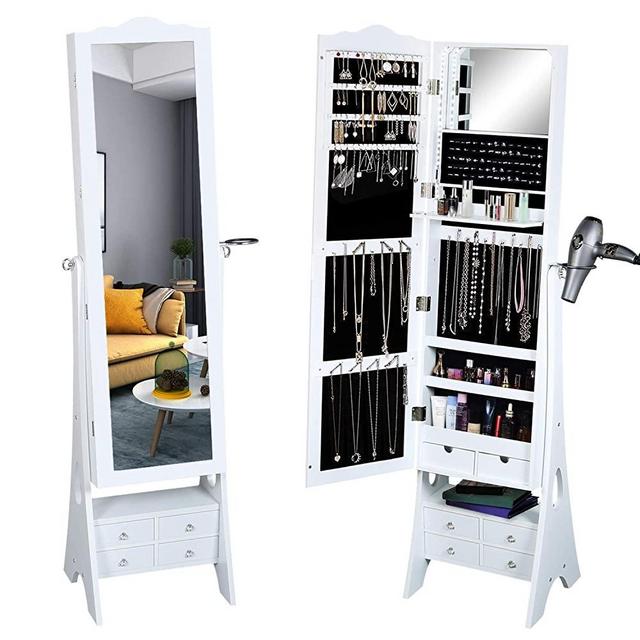 Fridaydiscount Standing Jewelry Organizer Armoire with LED Lights, Full Length Mirror Jewelry Cabinet, Large Capacity, 3 Beveled Angles and 6 Drawers, Hair-Dryer Rack (White)