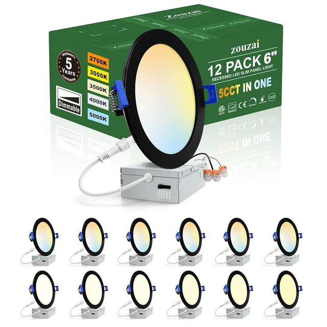 zouzai 12 Pack 6 Inch Black 5CCT Reset LED Recessed Ceiling Light with Junction Box, 2700K/3000K/3500K/4000K/5000K Selectable, 12W Eqv 110W,Dimmable, led can Lights- ETL and Energy Star Certified