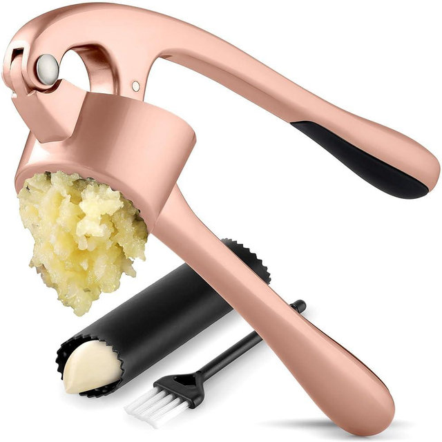 Zulay Kitchen Large Premium Garlic Press Set - Bigger Bowl for Bigger Garlic - Rust Proof & Dishwasher Safe Garlic Mincer Tool - Easy-Squeeze, Easy-Clean Silicone Garlic Peeler & Brush (Rose Gold)